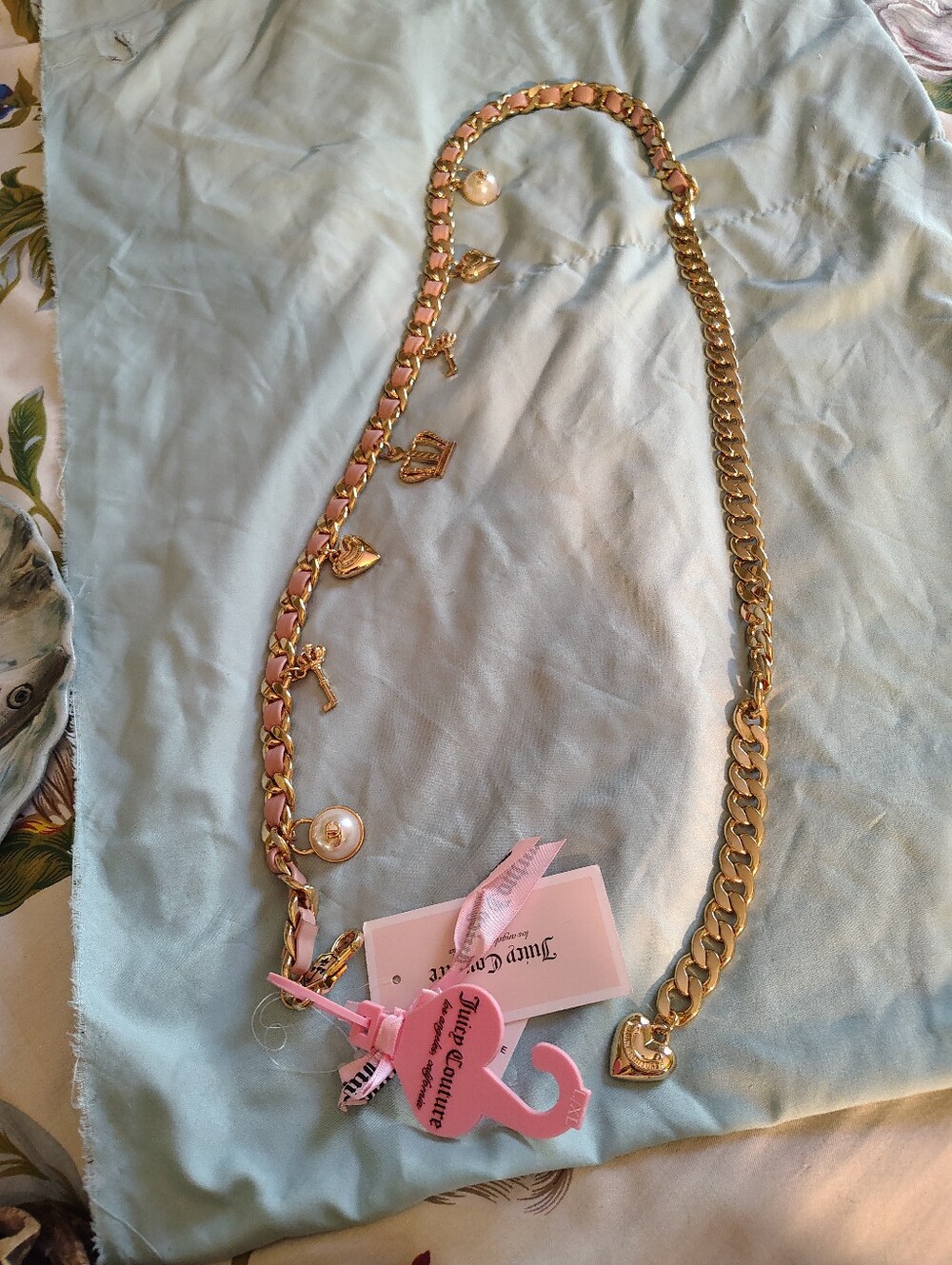 Juicy Couture Gold Chain Necklace with Pink Leather Weave & Charms